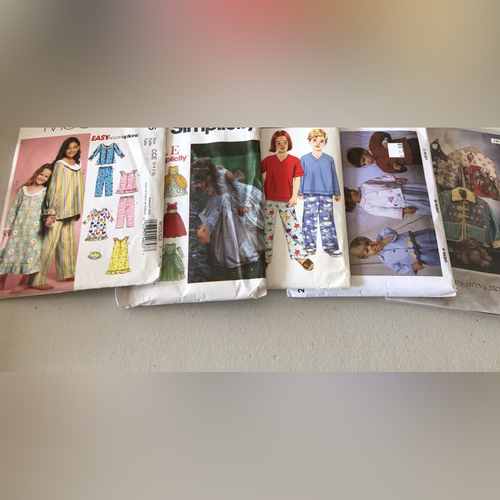 Children’s patterns (5) - PJ’s, jackets & princess gowns. See pattern for sizes.